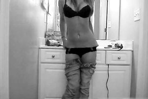 Hot white college slutty wife in taut denim stripteases on livecam