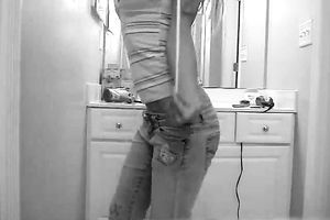 Hot white college slutty wife in taut denim stripteases on livecam