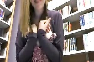 Sweet gal with natural sexy love muffins was petting her cookie in the library