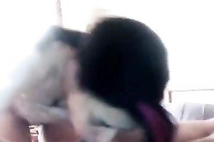 Raven haired wifey of my buddy knows how to engulf his knob perfectly well