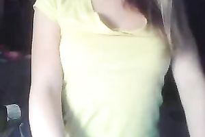 Cute non-professional hottie flashes her natural large titties on camera