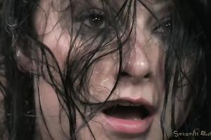 Sweaty tattooed brunette hair is hogtied and spins on the immodest floor