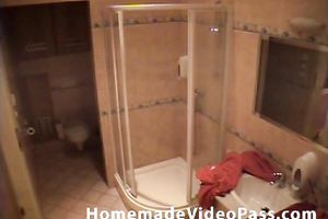 Two plump brunettes have a fun taking a shower with a chap