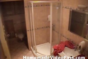 Two plump brunettes have a fun taking a shower with a chap