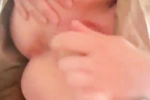 Chunky MILF horny white wife of mine drills her bald muff with large fake penis