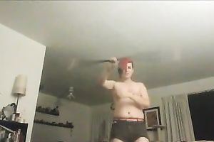 Pink emo chubby lustful doxy plays with firespinning stick on cam