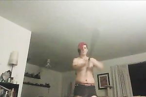 Pink emo chubby lustful doxy plays with firespinning stick on cam