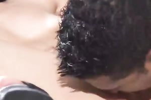 Amazingly pretty brunette hair in high heels gives head to her man