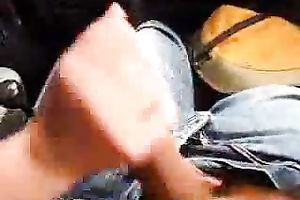 Redhead chunky girlfriend gives me tugjob and acquires mouthful in car