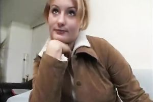 Chubby older blonde female gives interview and strips