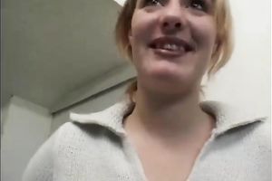 Chubby older blonde female gives interview and strips
