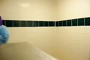 Nice blue haired legal age teenager with large meatballs is showering in front of me