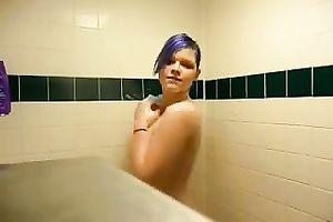 Nice blue haired legal age teenager with large meatballs is showering in front of me