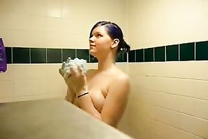 Nice blue haired legal age teenager with large meatballs is showering in front of me