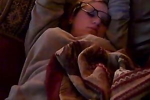 My nerdy ally sleeps and I play with her bald pussy