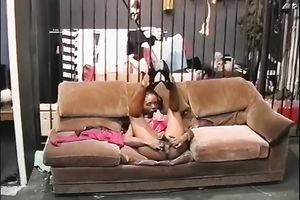 Lascivious ebon doxy finger copulates her constricted twat passionately