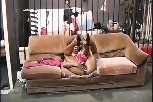 Lascivious ebon doxy finger copulates her constricted twat passionately