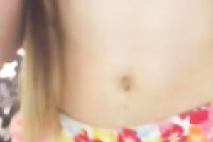 Adorable legal age teenager showing her stomach button and curly pussy