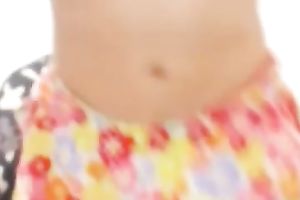 Adorable legal age teenager showing her stomach button and curly pussy