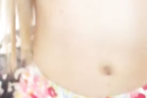 Adorable legal age teenager showing her stomach button and curly pussy