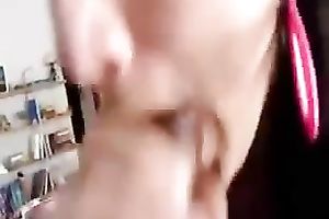 Thirsty brunette hair gal engulfing my huge penis deepthroat