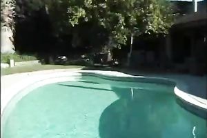 Muff diving time with 2 cute swarthy lesbies over the poolside