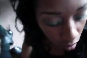 Fat lips of one ebon engulfing head slips pole up and down