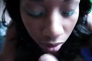 Fat lips of one ebon engulfing head slips pole up and down