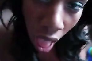 Fat lips of one ebon engulfing head slips pole up and down