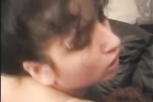 Beautiful non-professional dark brown breasty playgirl got her face overspread in cum