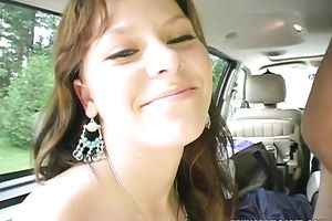 Horny brunette hair lets a fellow take up with the tongue and drill her coochie in a car