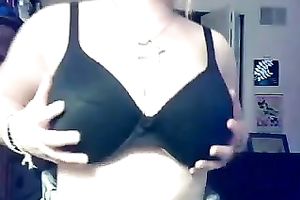 Chubby blonde haired hoe flashed and played with her big tits