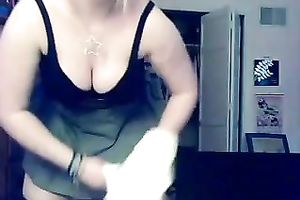 Chubby blonde haired hoe flashed and played with her big tits