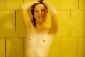 Skinny brunette hair GF of my buddy takes a shower on his camera