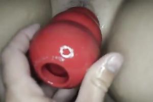Stretching my wife's cum-hole with big sex toy in non-professional POV movie