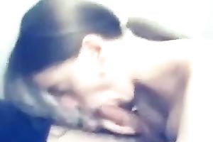 Dark haired naturally pale girlfriend of my buddy gives him a great blow job