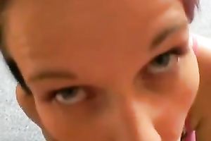 Luscious brunette hair sucks my pecker untill it explodes with cum in her face hole