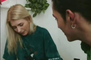 Svelte golden-haired hottie with sagged billibongs blows large shlong