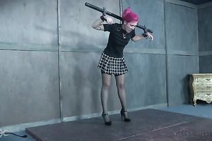 Pale skin white hottie with dyed pink hair handcuffed to the metal pole