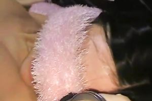 Slender brunette hair girlfriend fastened and teased on the couch