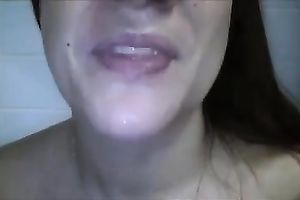 Lewd disgusting cam slut collected all her saliva to spit in awful way