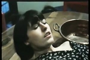 Brunette Married slut having missionary style sex on the table