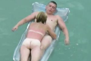 Cute golden-haired eats 10-Pounder on the inflatable mattress on webcam