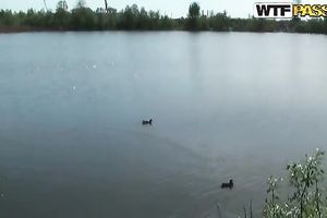 Picnic on a lake shore with soaked tanned Russian whore Ann