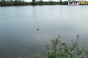 Picnic on a lake shore with soaked tanned Russian whore Ann