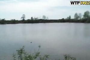 Picnic on a lake shore with soaked tanned Russian whore Ann