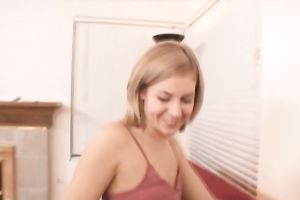 Blonde cutie smiles 'coz that babe is about to receive a large pecker