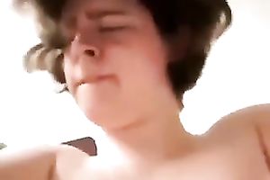 Natural pale and a bit obese dark brown slutwife of my ally rides him on top