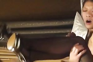 Seductive svelte dark brown hottie in nylons shamelessly sucked my ally