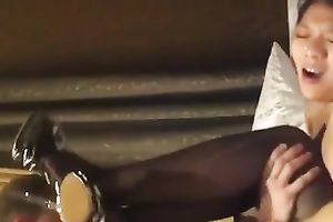 Seductive svelte dark brown hottie in nylons shamelessly sucked my ally